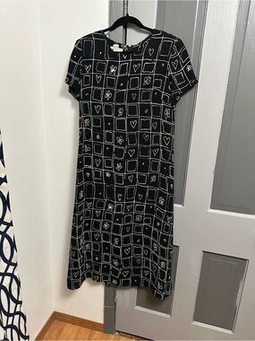 Vintage 90’s Talbots Petite Black Dress with white Grid & Floral/heart Accents